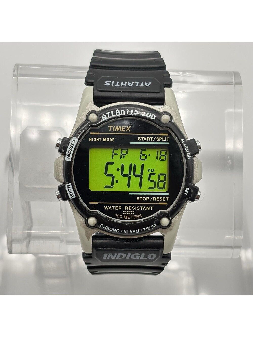 Vintage Y2K Timex Atlantis 100 Dual Time Indiglo Watch 40mm Black/Gray 100M